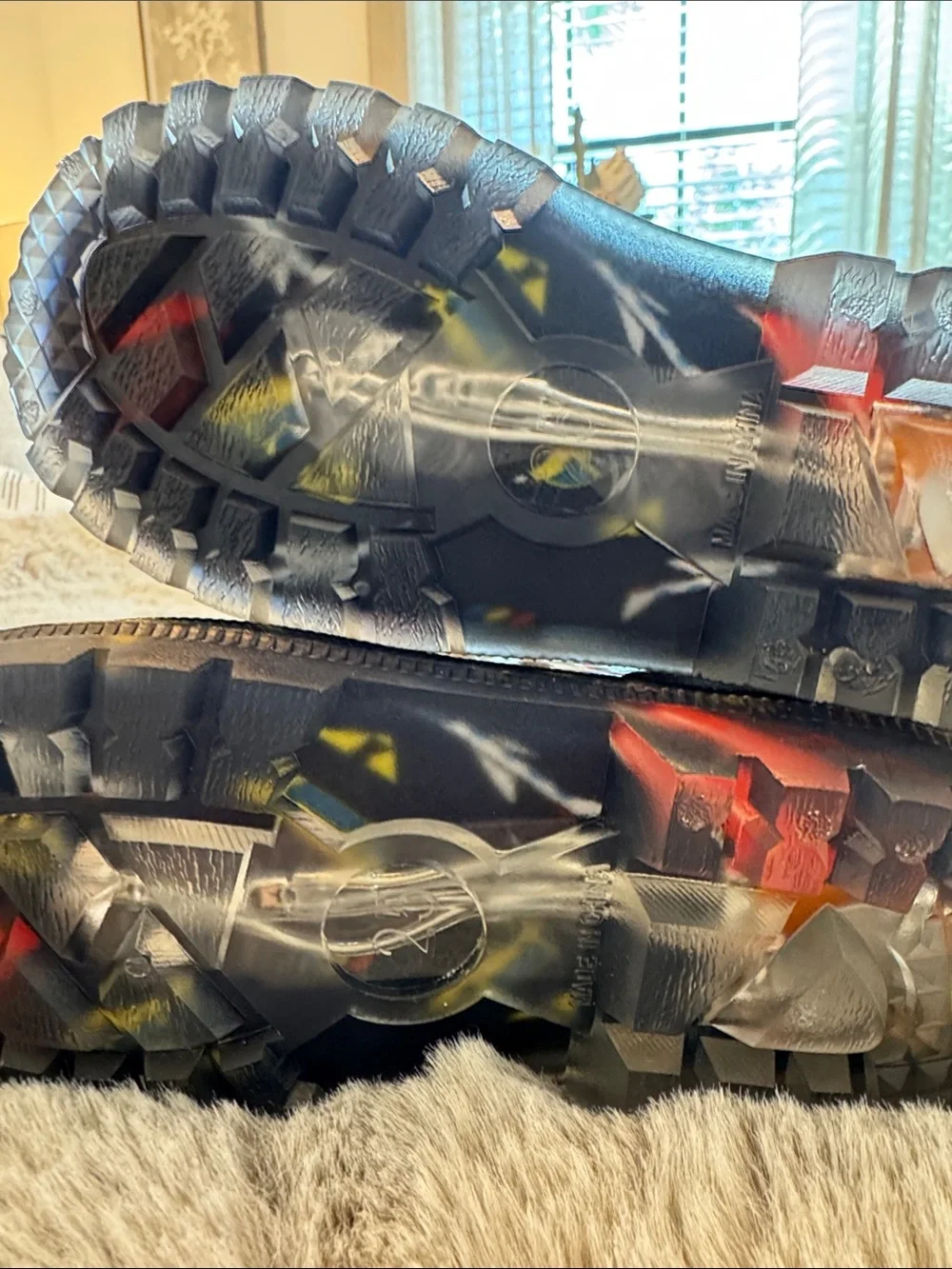 Kids Navy Rain Boots with Red and Yellow Vehicle Print. They light up!!!